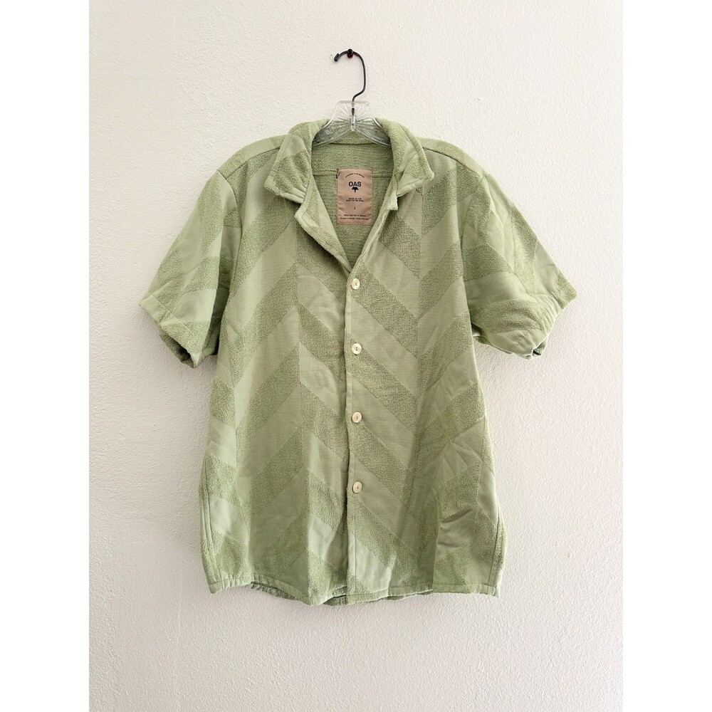 NEW OAS Sculpted Herring Cuba Terry Shirt Button Up Shirt Green Men's Large